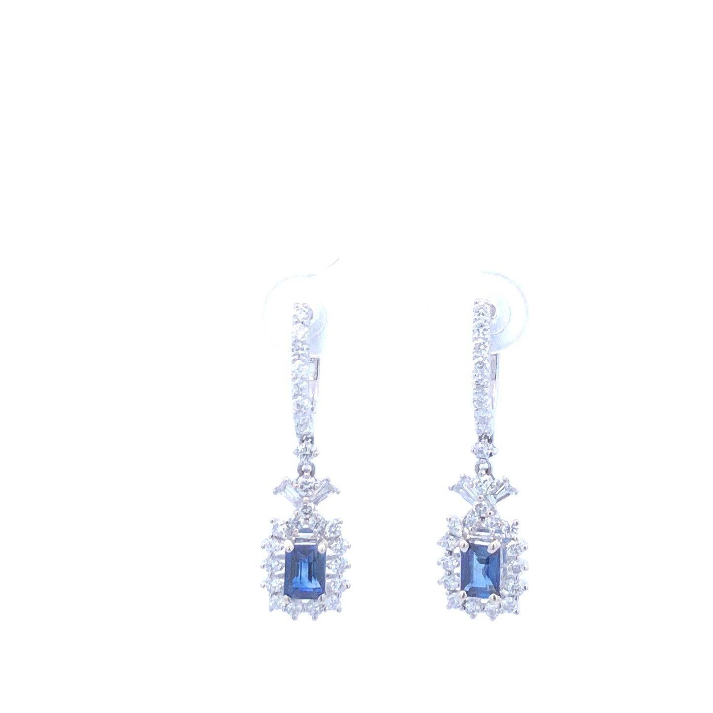 Dangling Blue Baguette Sapphire 1.06 CT & Round Diamonds 1.02CT Earring 18K White Gold