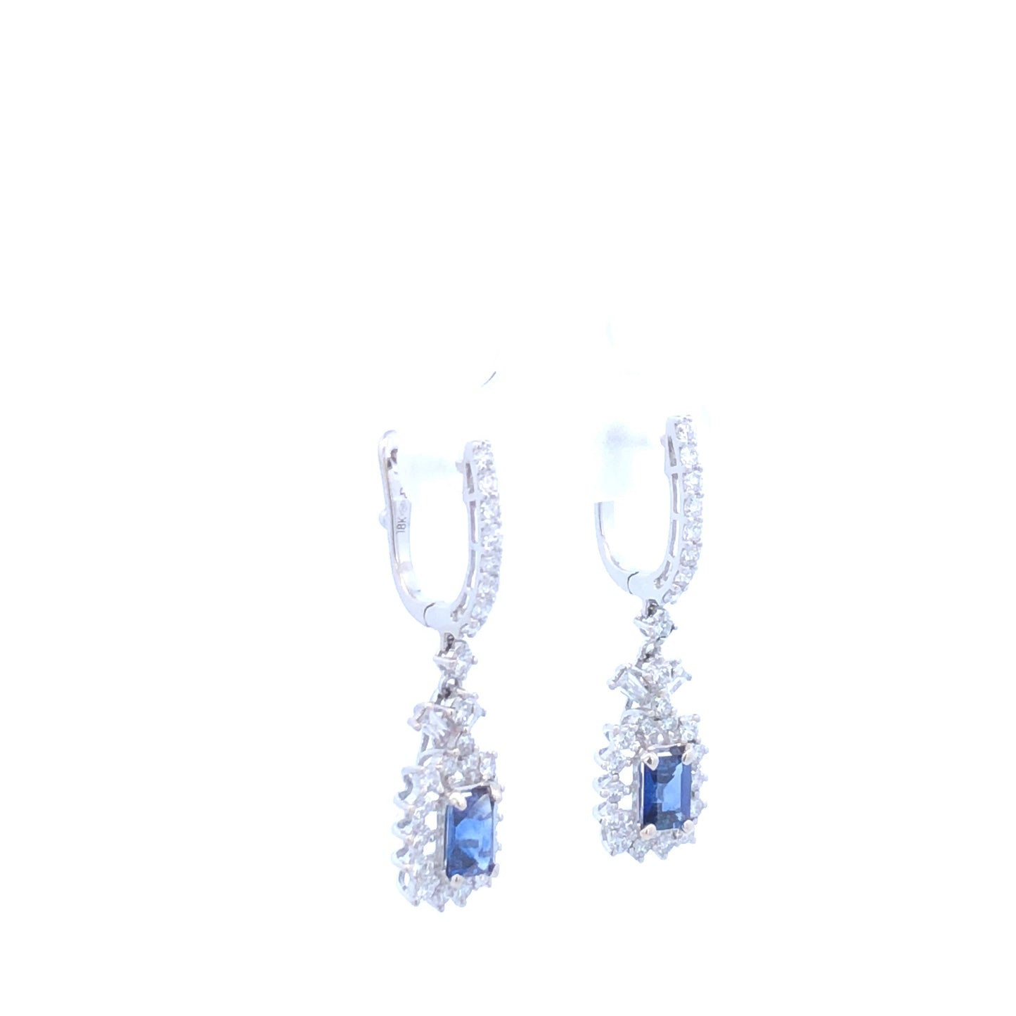Dangling Blue Baguette Sapphire 1.06 CT & Round Diamonds 1.02CT Earring 18K White Gold