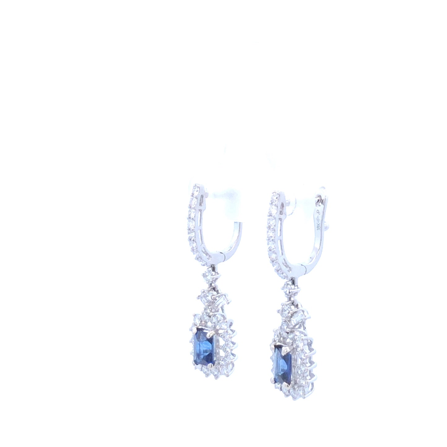 Dangling Blue Baguette Sapphire 1.06 CT & Round Diamonds 1.02CT Earring 18K White Gold