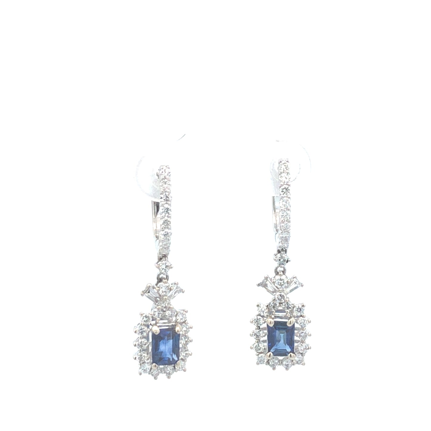 Dangling Blue Baguette Sapphire 1.06 CT & Round Diamonds 1.02CT Earring 18K White Gold