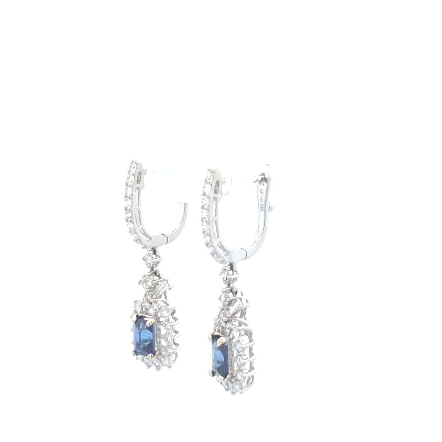 Dangling Blue Baguette Sapphire 1.06 CT & Round Diamonds 1.02CT Earring 18K White Gold