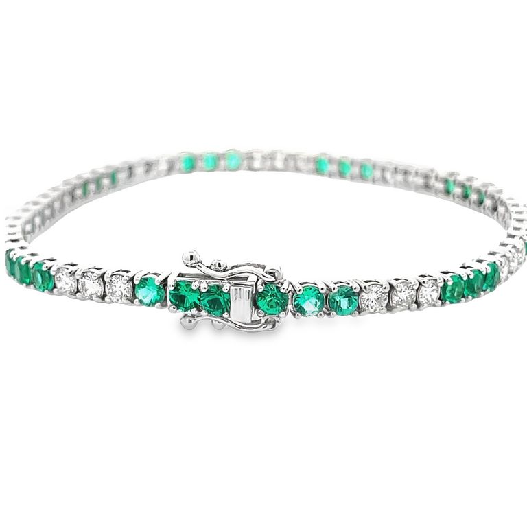 Tennis Bracelet White Diamonds 2.09CT & Green Emerald 3.20CT 14K White Gold