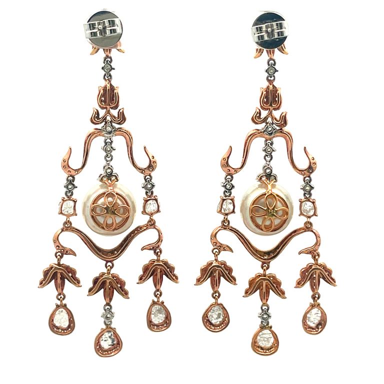 Chandelier Slice Diamond Earrings with South Sea Pearls 15mm 3.97CT 18K Rose Gold