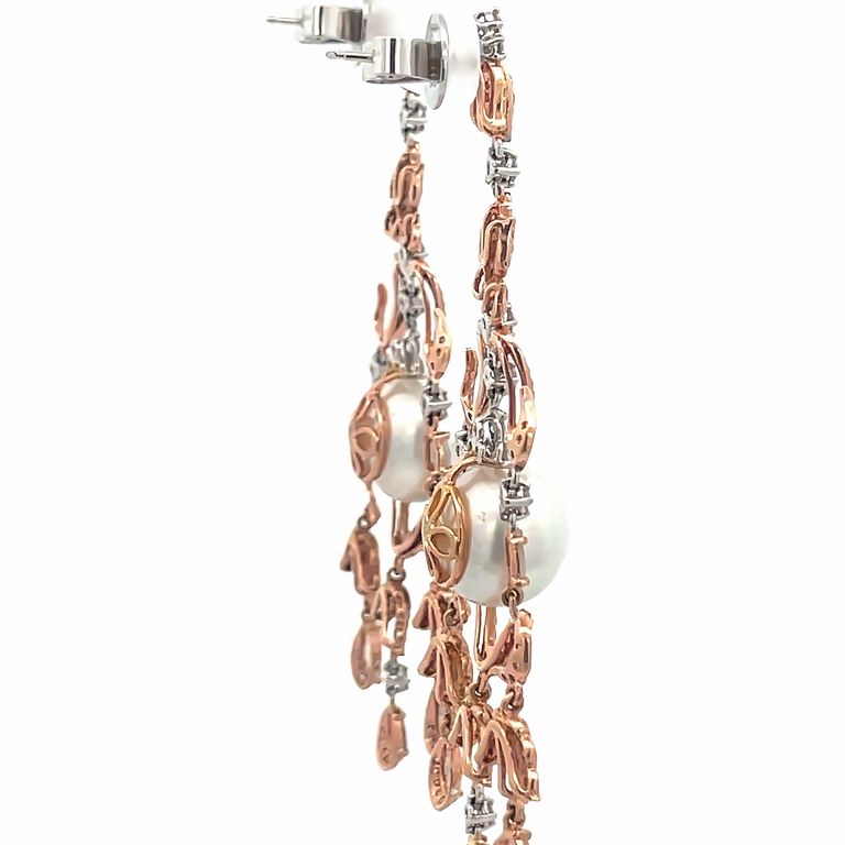Chandelier Slice Diamond Earrings with South Sea Pearls 15mm 3.97CT 18K Rose Gold