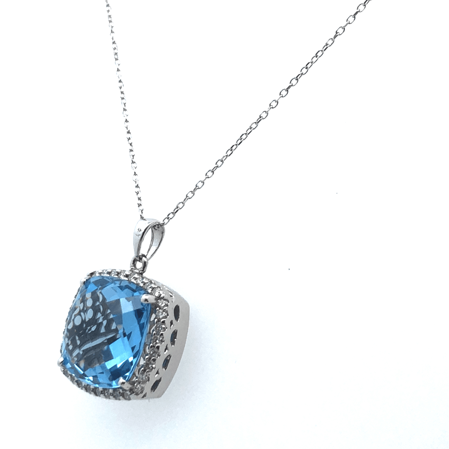 Blue Topaz & Diamond Halo Pendant Necklace