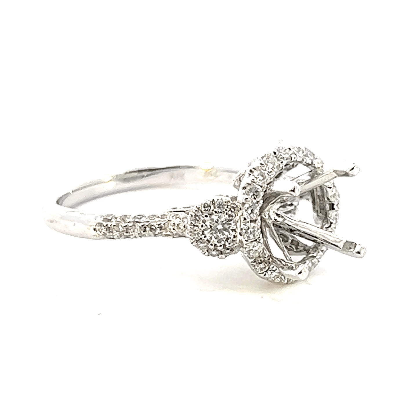 18K White Gold Three-Stone Diamond Halo Engagement Ring Setting – 0.73CT
