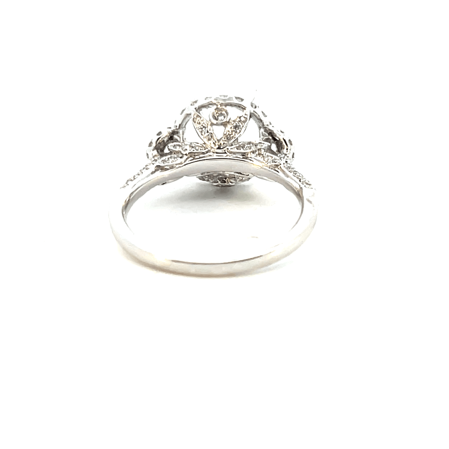 18K White Gold Three-Stone Diamond Halo Engagement Ring Setting – 0.73CT