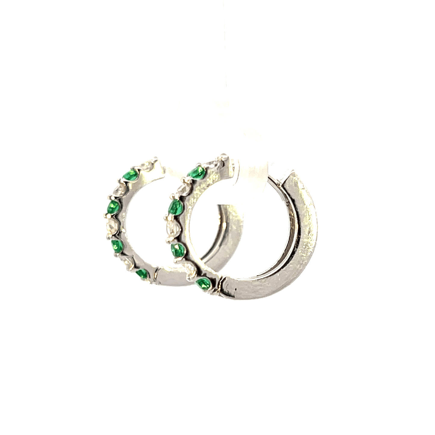 Elegant Green Stone Hoop Earrings – D 0.25 CT & EM 0.23 CT in 14K White Gold SKU: DH0972