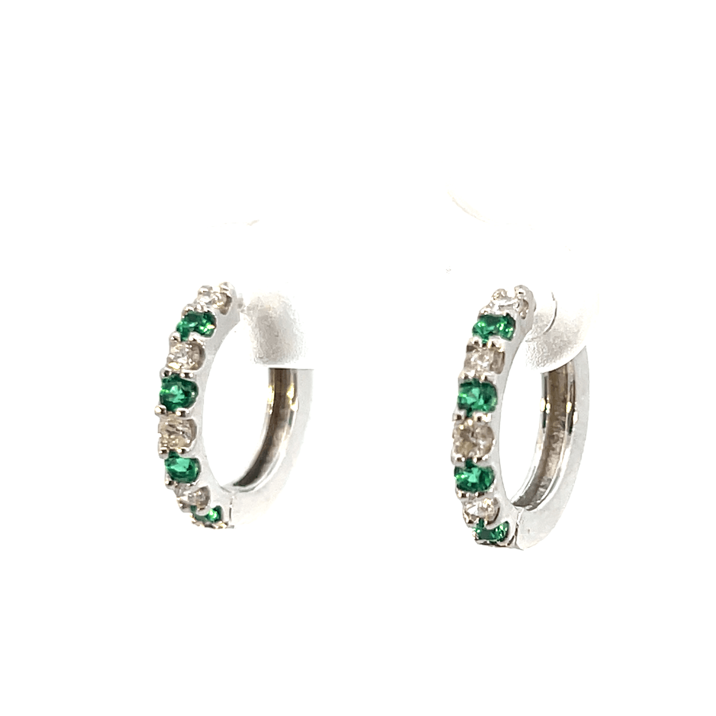 Elegant Green Stone Hoop Earrings – D 0.25 CT & EM 0.23 CT in 14K White Gold SKU: DH0972