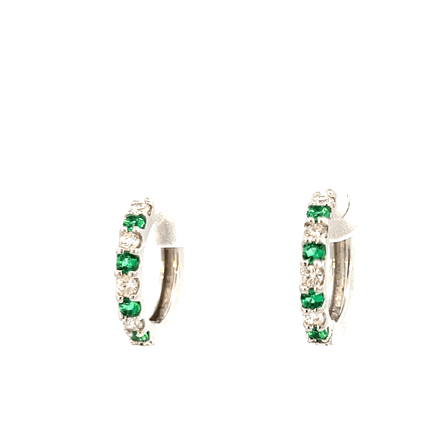 Elegant Green Stone Hoop Earrings – D 0.25 CT & EM 0.23 CT in 14K White Gold SKU: DH0972