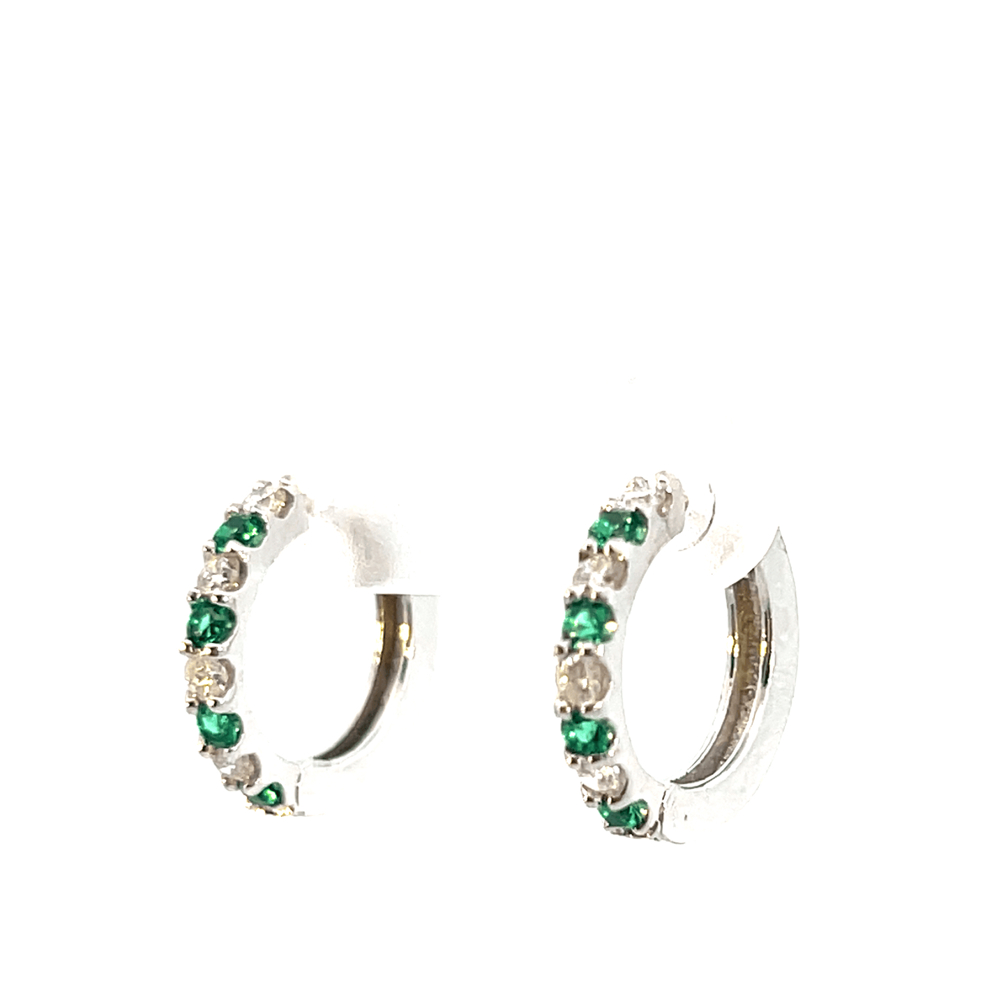 Elegant Green Stone Hoop Earrings – D 0.25 CT & EM 0.23 CT in 14K White Gold SKU: DH0972