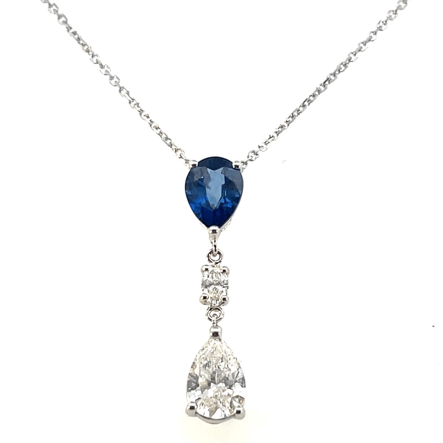 14K White Gold Elegant Sapphire and Diamond Drop Pendant Necklace