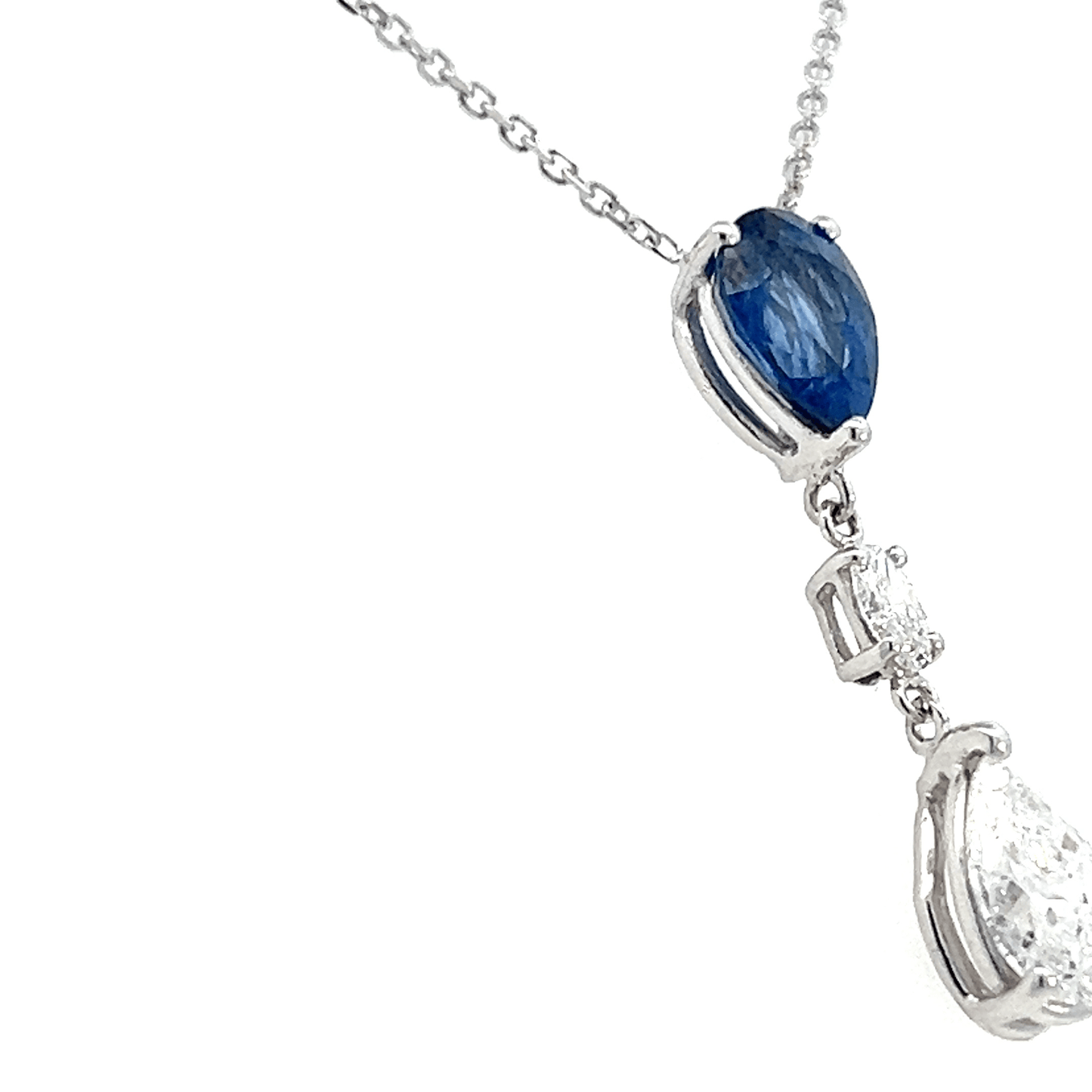 14K White Gold Elegant Sapphire and Diamond Drop Pendant Necklace