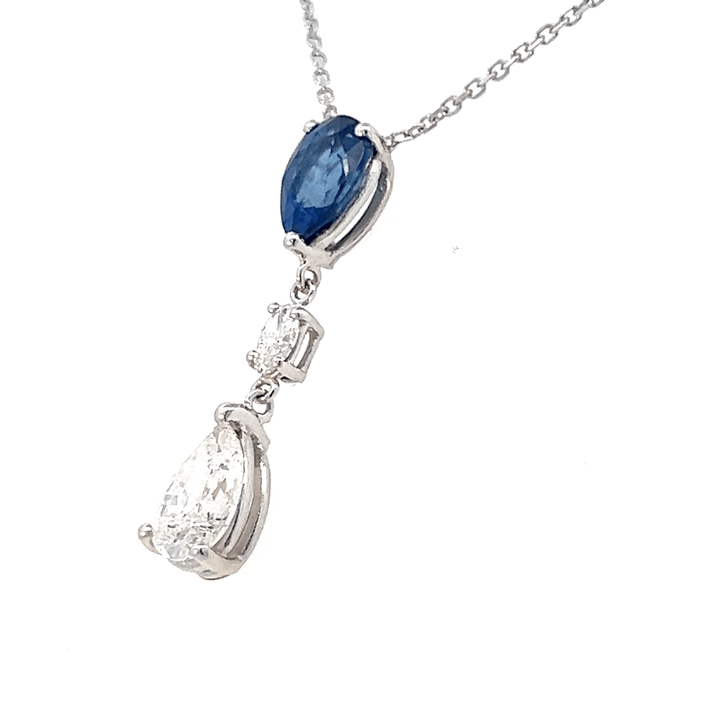 14K White Gold Elegant Sapphire and Diamond Drop Pendant Necklace