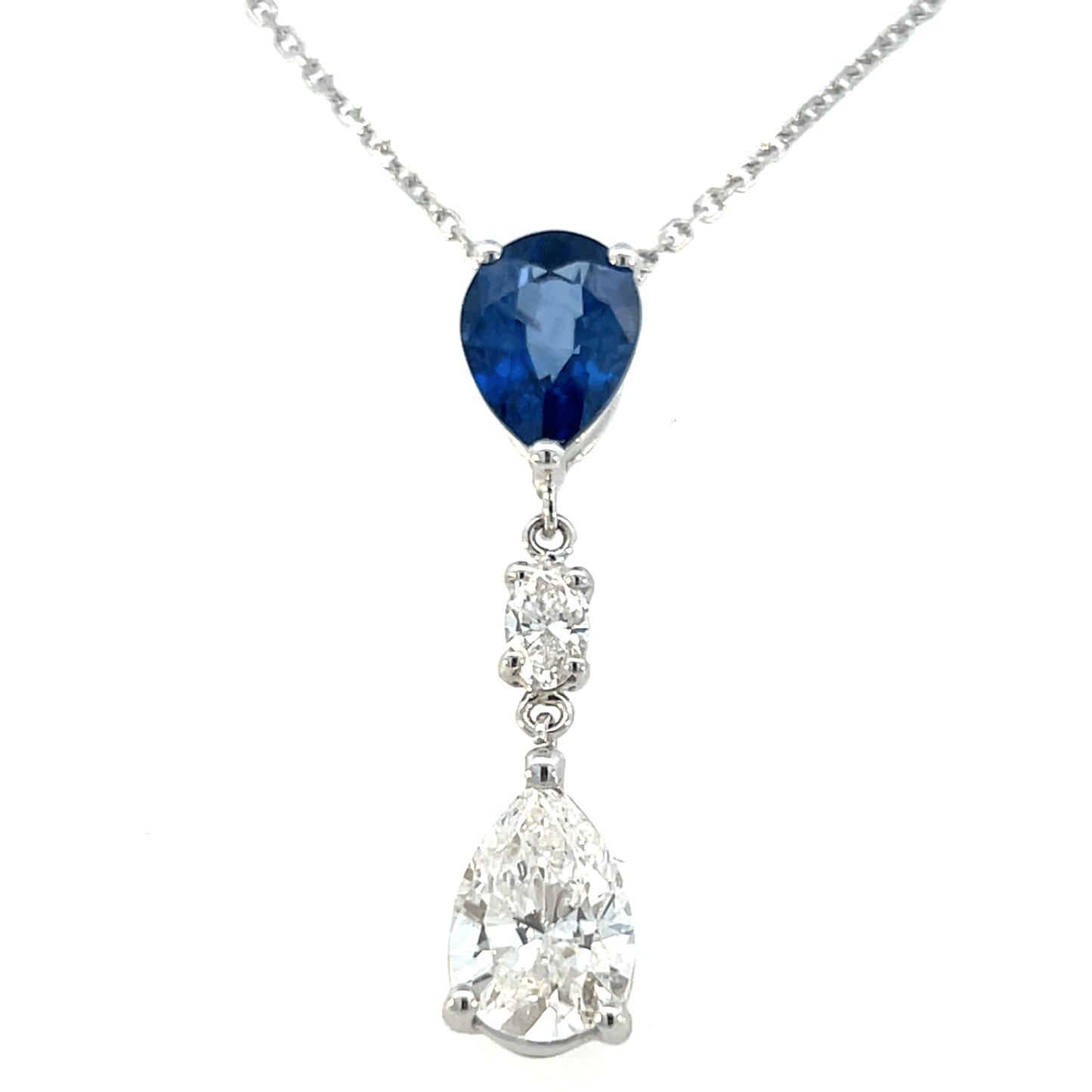 14K White Gold Elegant Sapphire and Diamond Drop Pendant Necklace