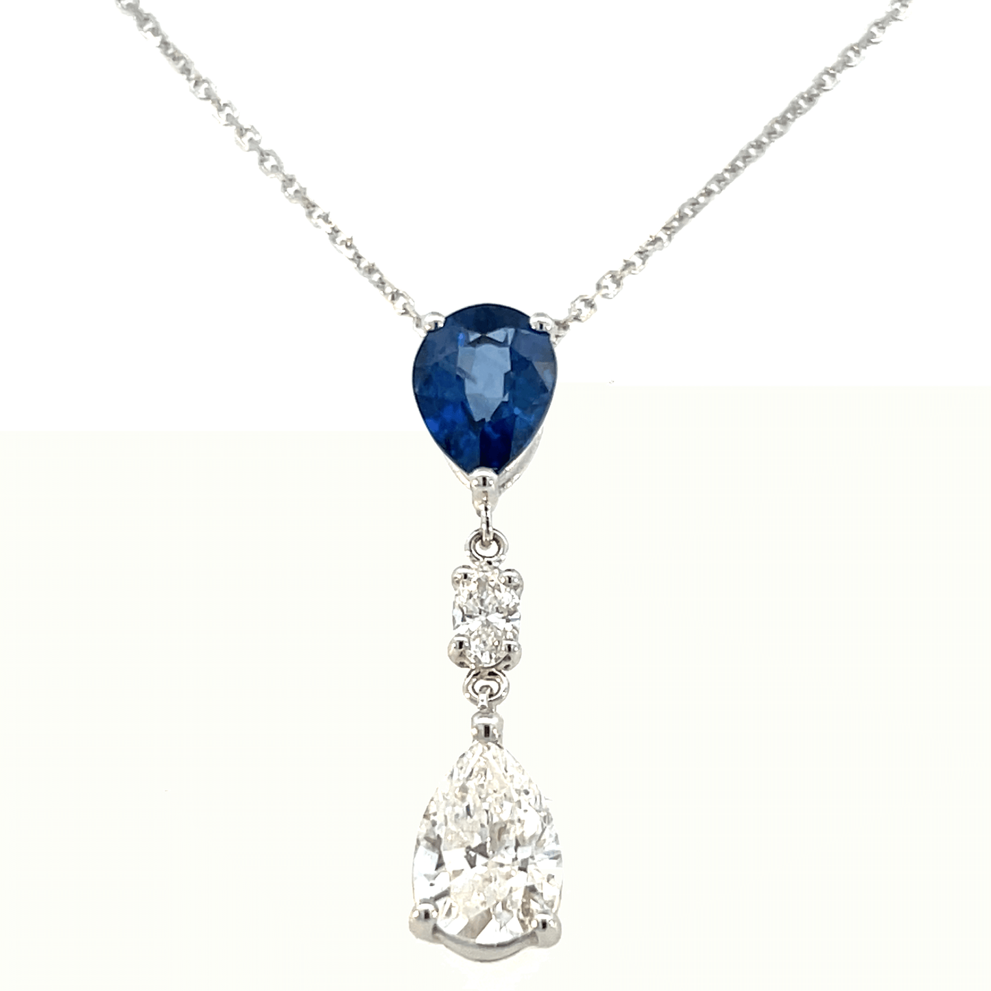 14K White Gold Elegant Sapphire and Diamond Drop Pendant Necklace