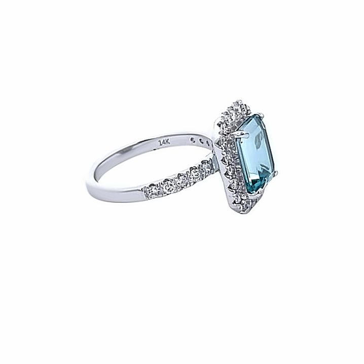 Emerald Shape Aquamarine 3.01CT Round Diamond 0.52CT Cocktail Ring 14K White Gold