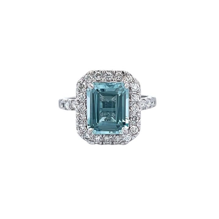 Emerald Shape Aquamarine 3.01CT Round Diamond 0.52CT Cocktail Ring 14K White Gold