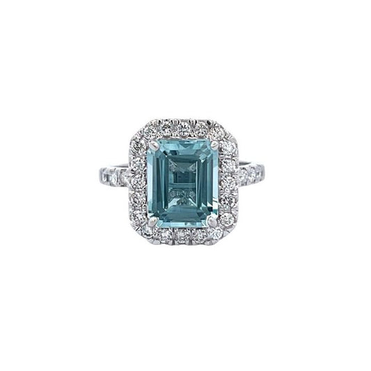 Emerald Shape Aquamarine 3.01CT Round Diamond 0.52CT Cocktail Ring 14K White Gold