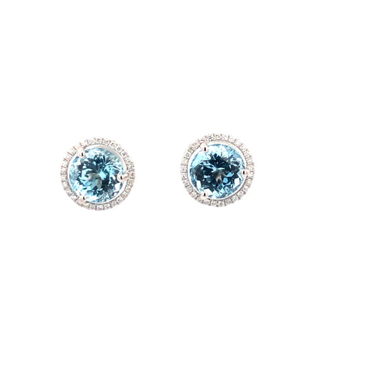 Aquamarine & White Diamond Studs Earrings 4.92ct D.27ct 18K White Gold
