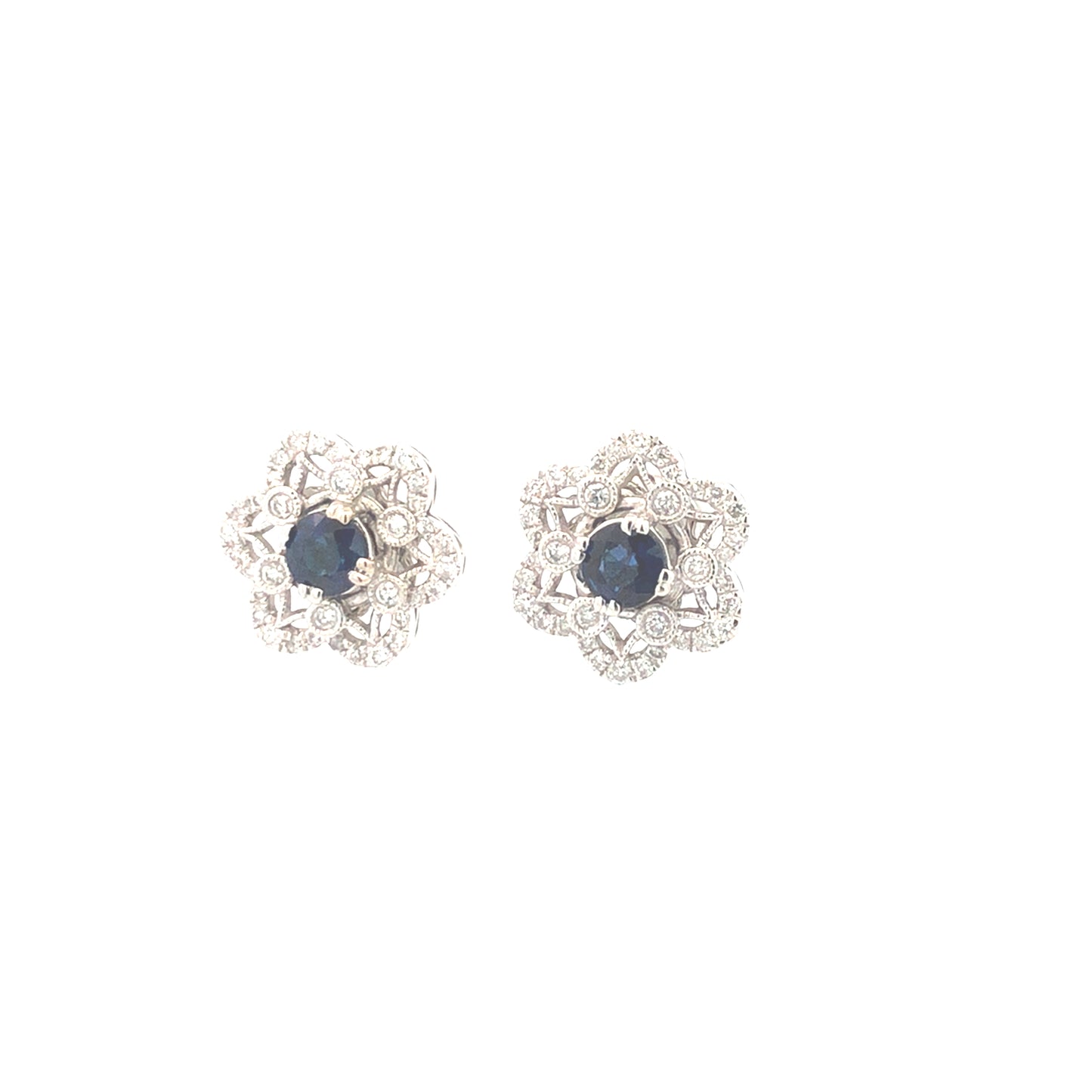 Blue Round Sapphire 1.13 CT & White Round Diamonds 0.58CT 14KW Earrings