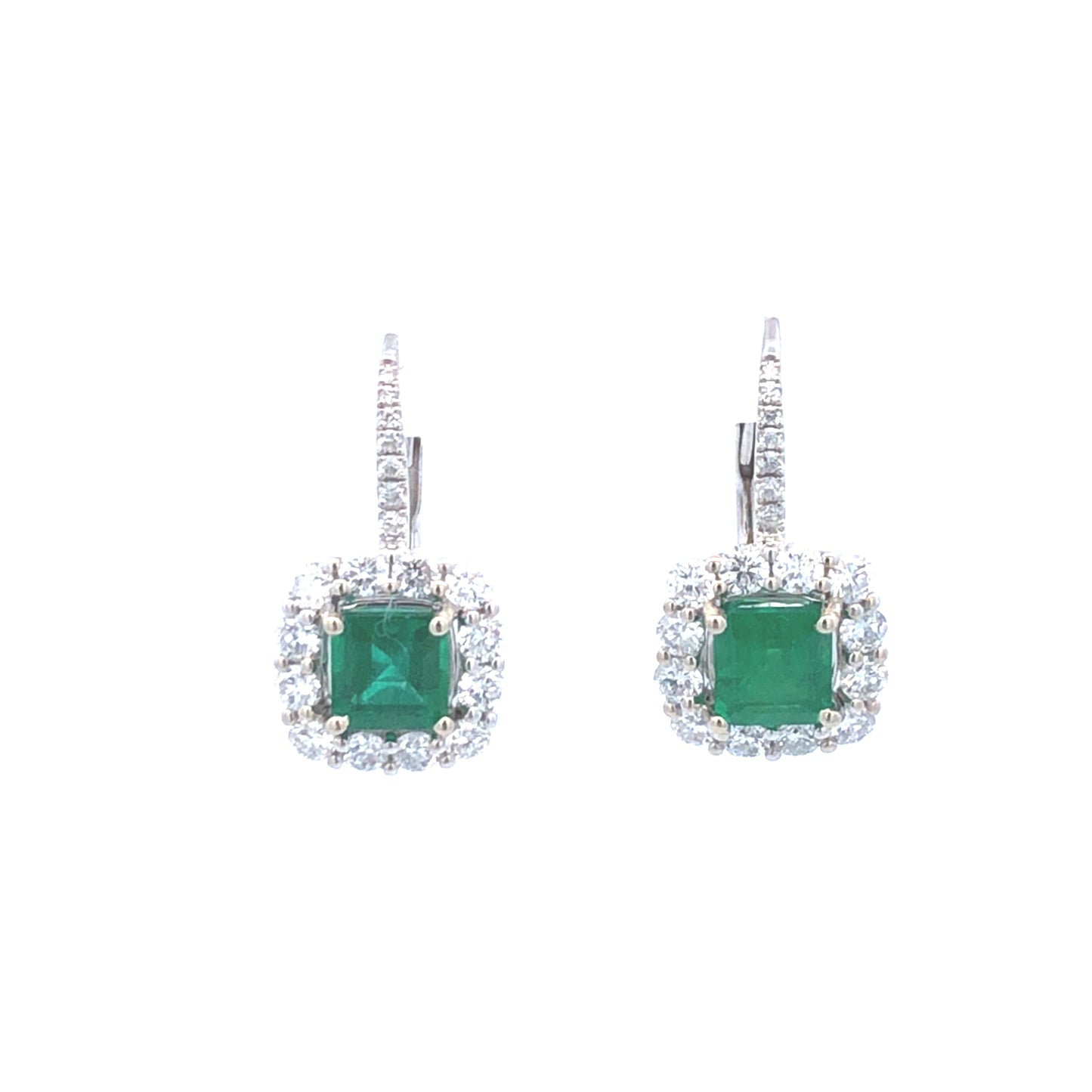 Dangling Green Colombian Emeralds 1.57 CT Stones & Round 1.30 CT Diamonds  Earring 18K White Gold