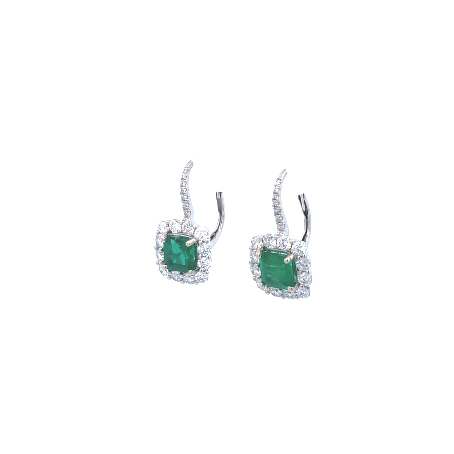 Dangling Green Colombian Emeralds 1.57 CT Stones & Round 1.30 CT Diamonds  Earring 18K White Gold