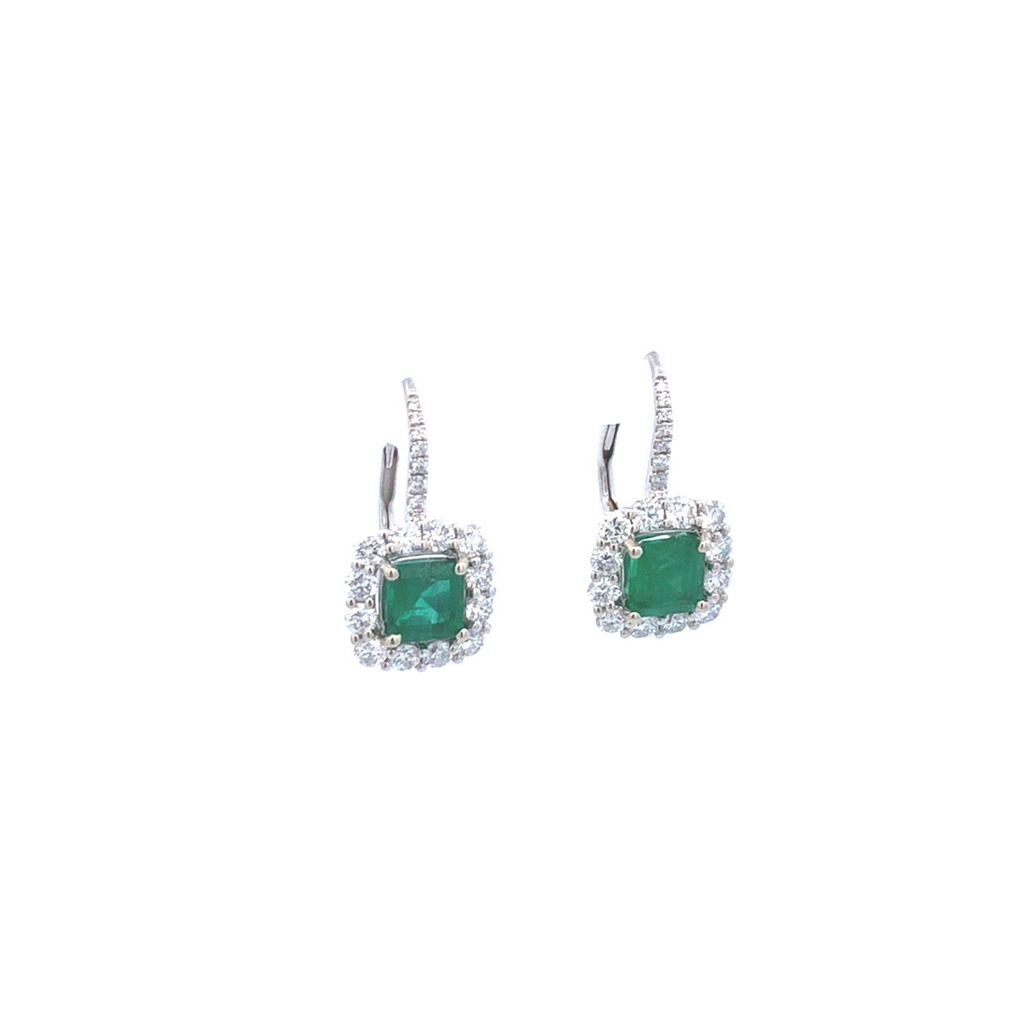 Dangling Green Colombian Emeralds 1.57 CT Stones & Round 1.30 CT Diamonds  Earring 18K White Gold