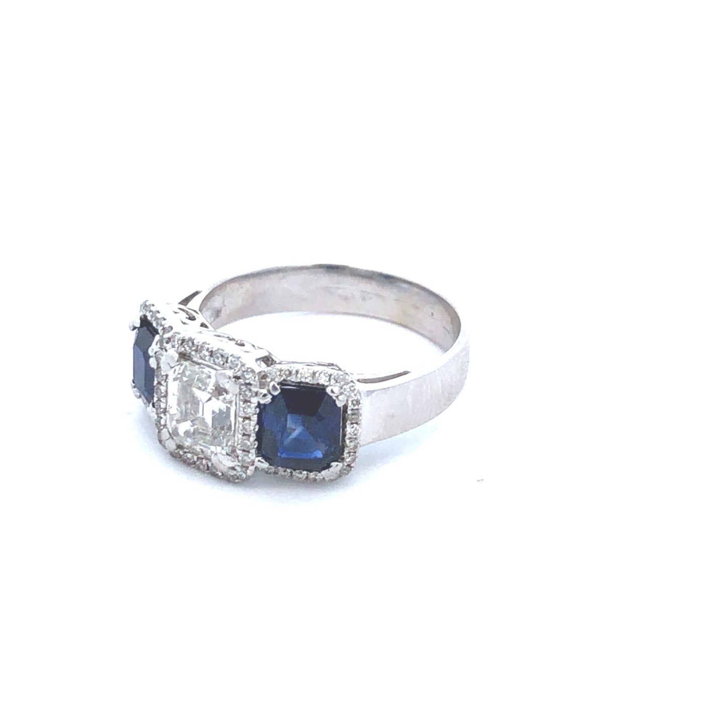 Three Stone Emerald Center Diamond - 0.90CT With 2 Blue Sapphire 1.47CT & Round diamonds - 0.50CT in 18K White Gold