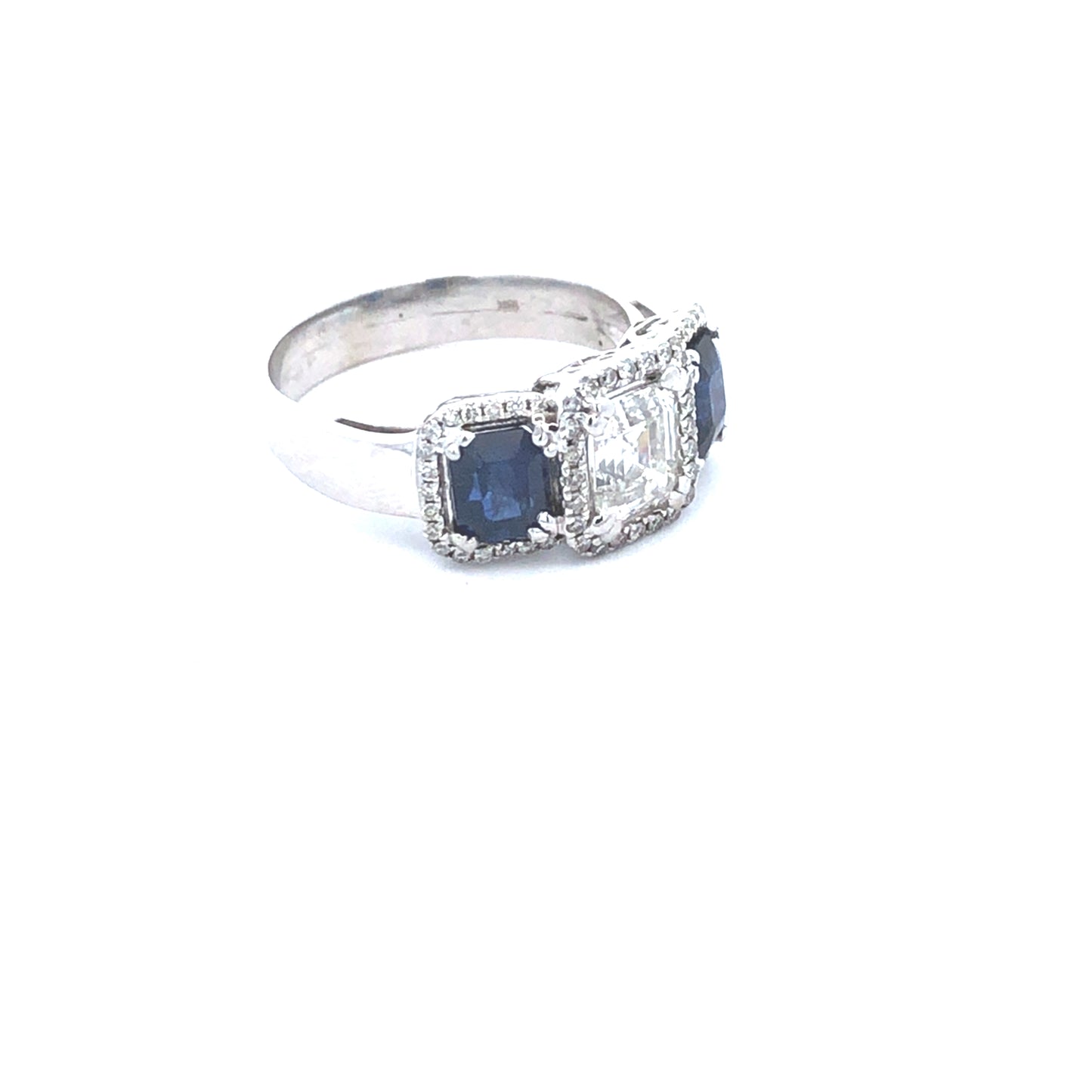 Three Stone Emerald Center Diamond - 0.90CT With 2 Blue Sapphire 1.47CT & Round diamonds - 0.50CT in 18K White Gold