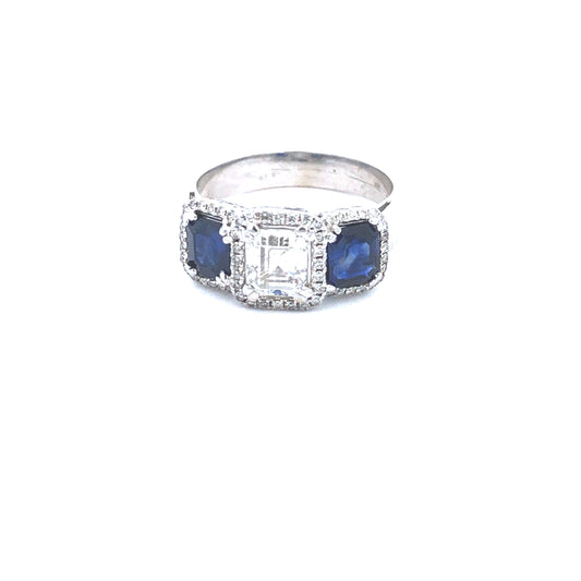 Three Stone Emerald Center Diamond - 0.90CT With 2 Blue Sapphire 1.47CT & Round diamonds - 0.50CT in 18K White Gold