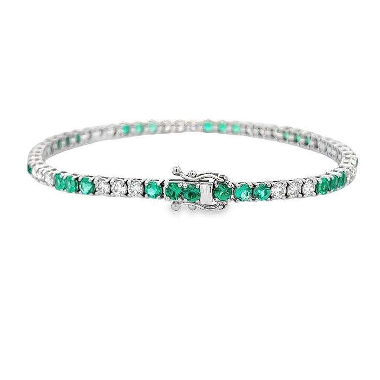 Tennis Bracelet White Diamonds 2.09CT & Green Emerald 3.20CT 14K White Gold