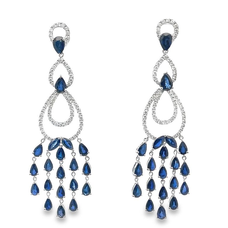 Chandelier Blue Saphire 10.21CT & Diamond 0.89CT Earrings 18K White Gold