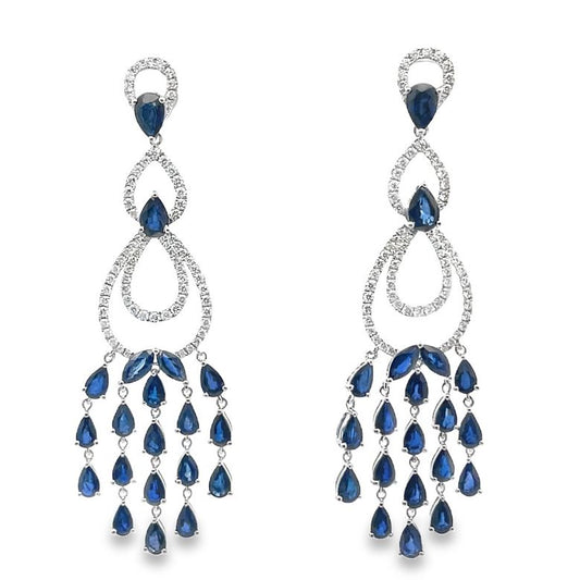 Chandelier Blue Saphire 10.21CT & Diamond 0.89CT Earrings 18K White Gold