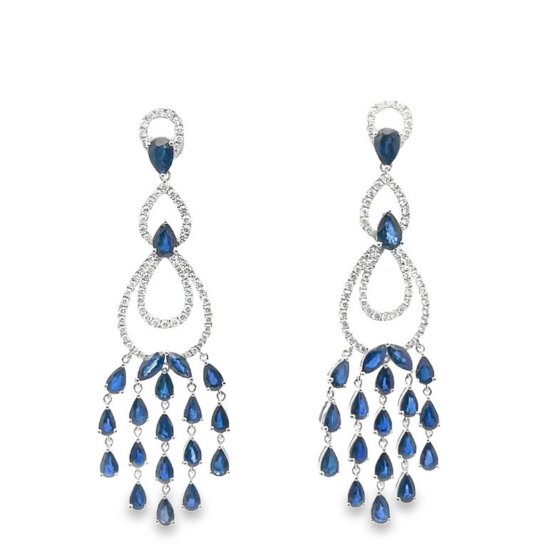 Chandelier Blue Saphire 10.21CT & Diamond 0.89CT Earrings 18K White Gold