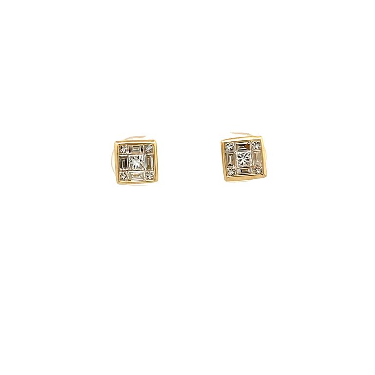 Princess Cut & Baguette Diamond Earrings Studs 0.66CT 18K Yellow Gold