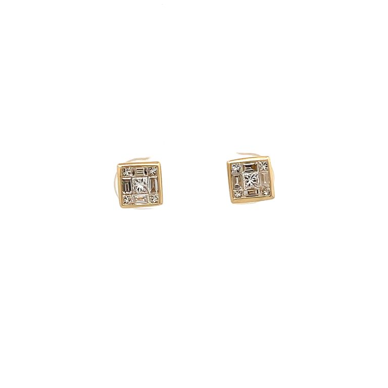 Princess Cut & Baguette Diamond Earrings Studs 0.66CT 18K Yellow Gold