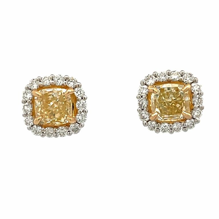 Fancy Yellow Diamond Studs Earrings 1.84CT D.68CT 18K White Gold