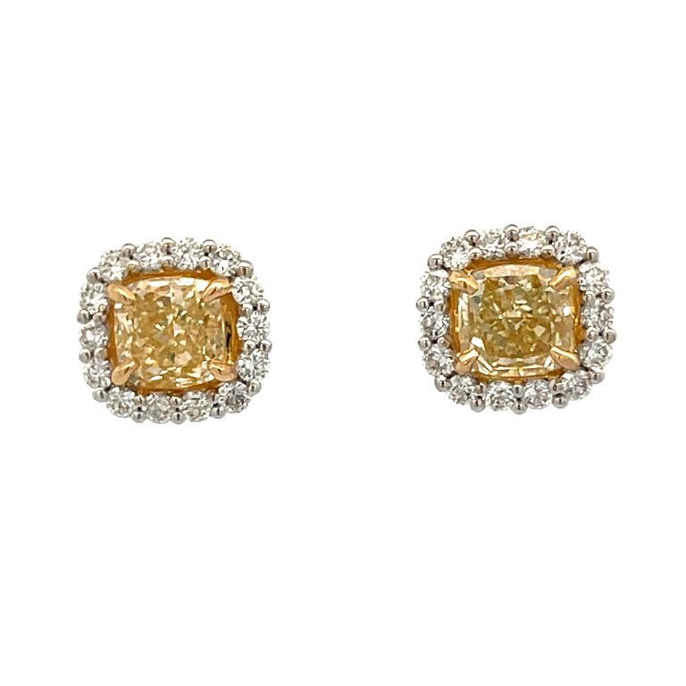 Fancy Yellow Diamond Studs Earrings 1.84CT D.68CT 18K White Gold