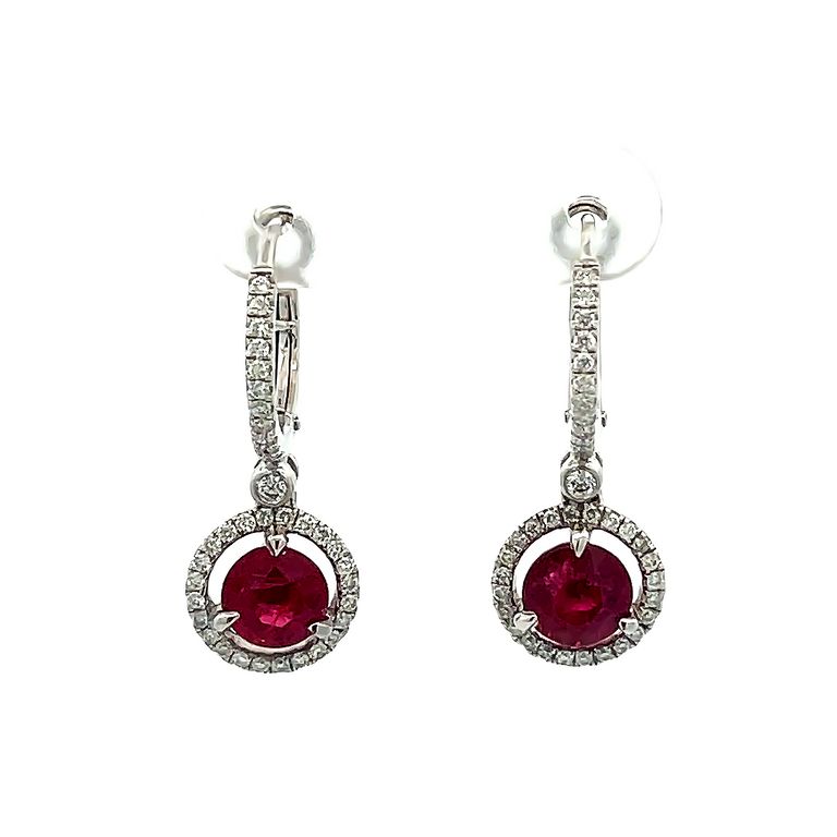 Ruby 2.63CT Round Diamond 0.31CT Dangle Earrings 18K White Gold GIA