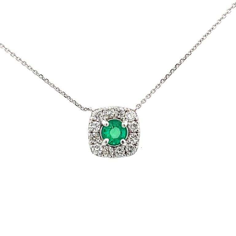 Emerald 0.51CT & Diamond 0.65CT Pendant Necklace In 14K White Gold