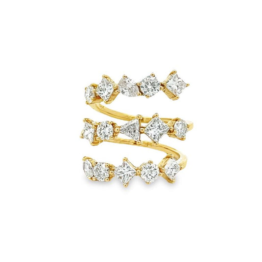 Triple Row Fancy Diamond Ring Mix Shape 2.94CT G/SI1-VS 18K Yellow Gold