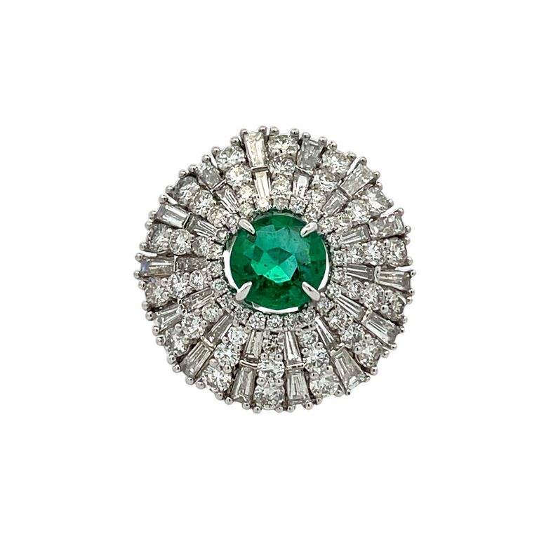 Round Green Emerald 1.78CT Mix Shape Diamonds 3.62CT 18K White Gold Ring