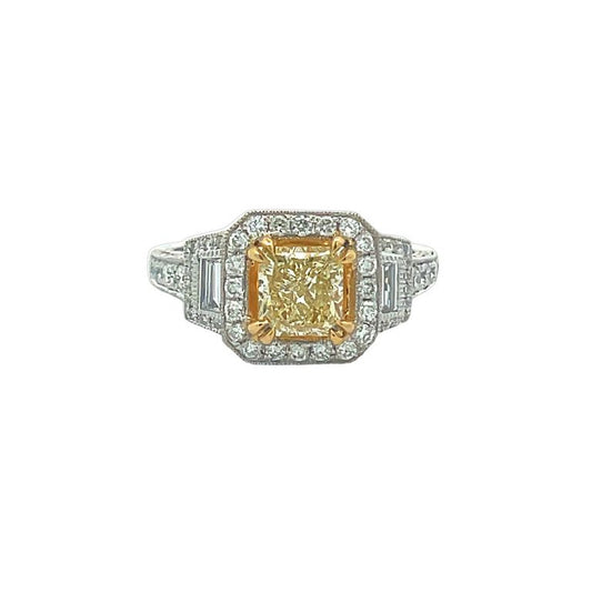Fancy Yellow Princess Cut Ring 1.30CT BG & RD.82CT 18K WG