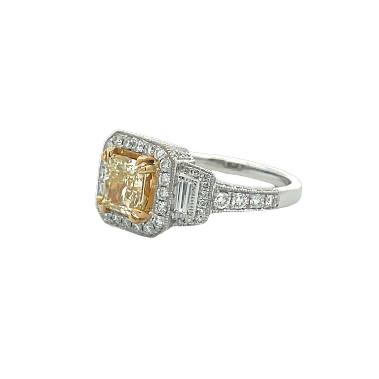 Fancy Yellow Princess Cut Ring 1.30CT BG & RD.82CT 18K WG