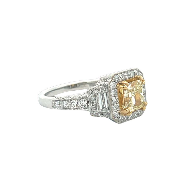 Fancy Yellow Princess Cut Ring 1.30CT BG & RD.82CT 18K WG