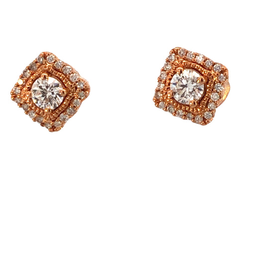 Exquisite square halo diamond stud earrings crafted in luxurious 10K rose gold