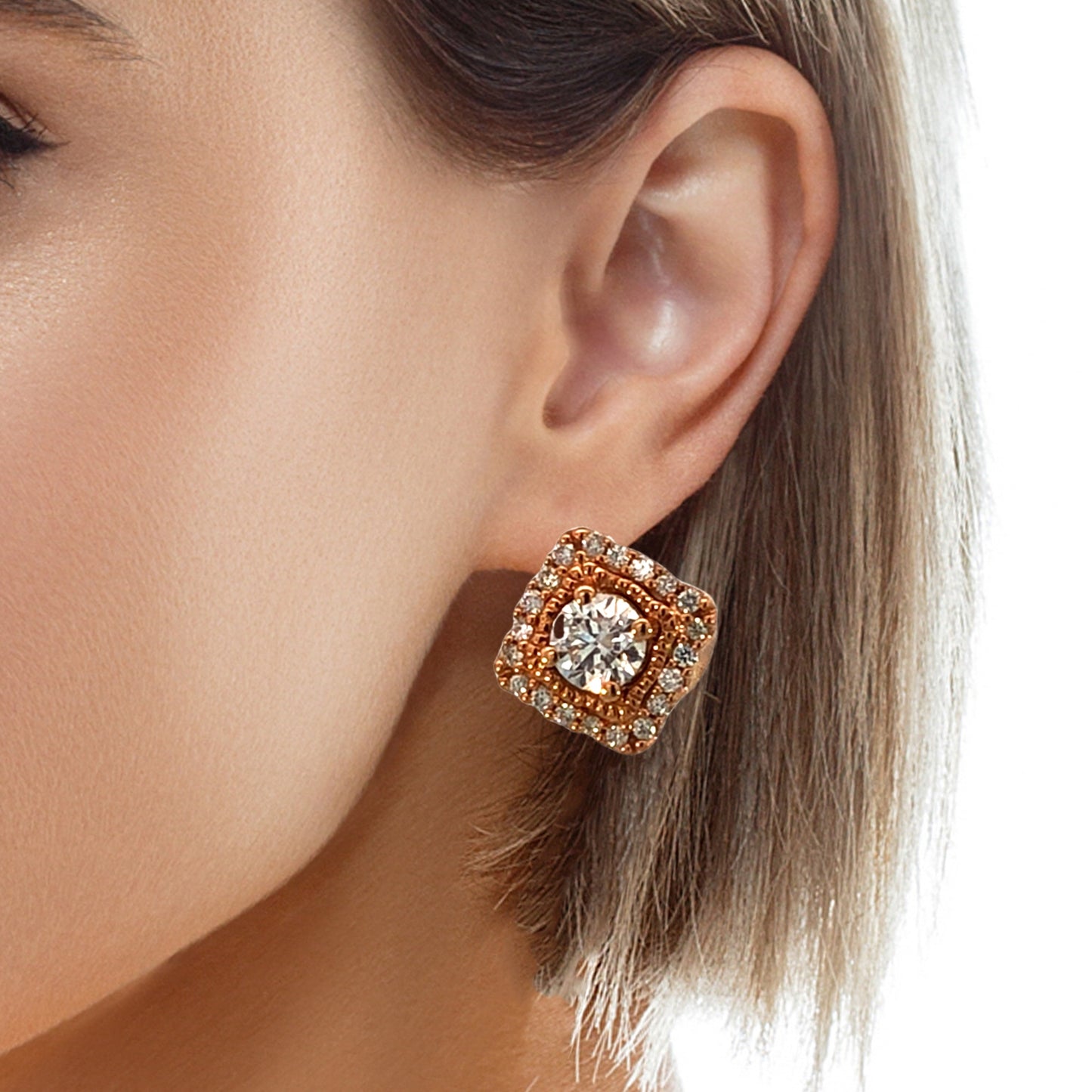 Exquisite square halo diamond stud earrings crafted in luxurious 10K rose gold