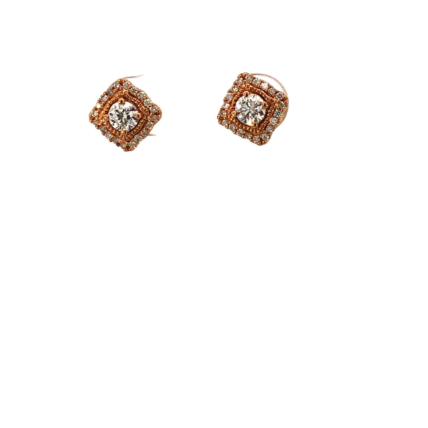 Exquisite square halo diamond stud earrings crafted in luxurious 10K rose gold