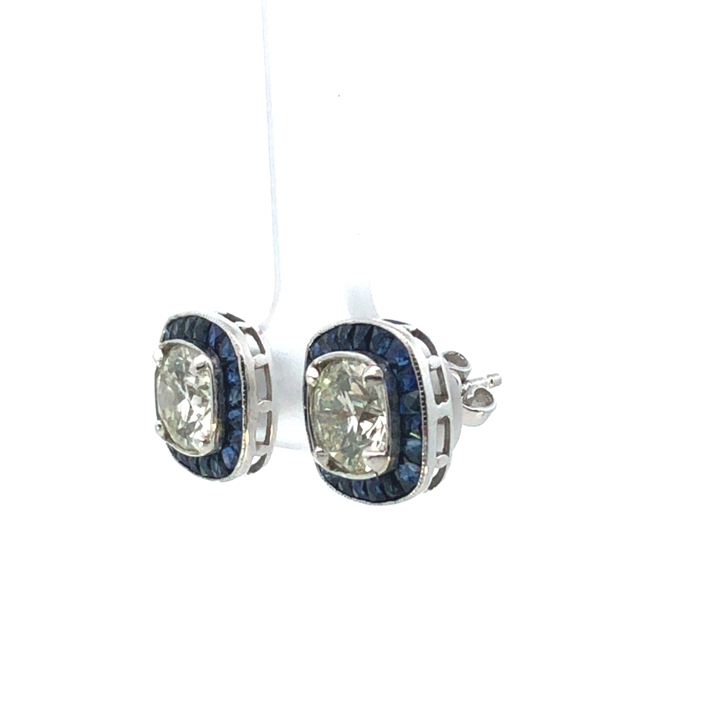 Art Deco Cushion Diamond & Sapphire Halo Stud Earrings (GIA Certified) - 3.00ct CD, 2.45ct